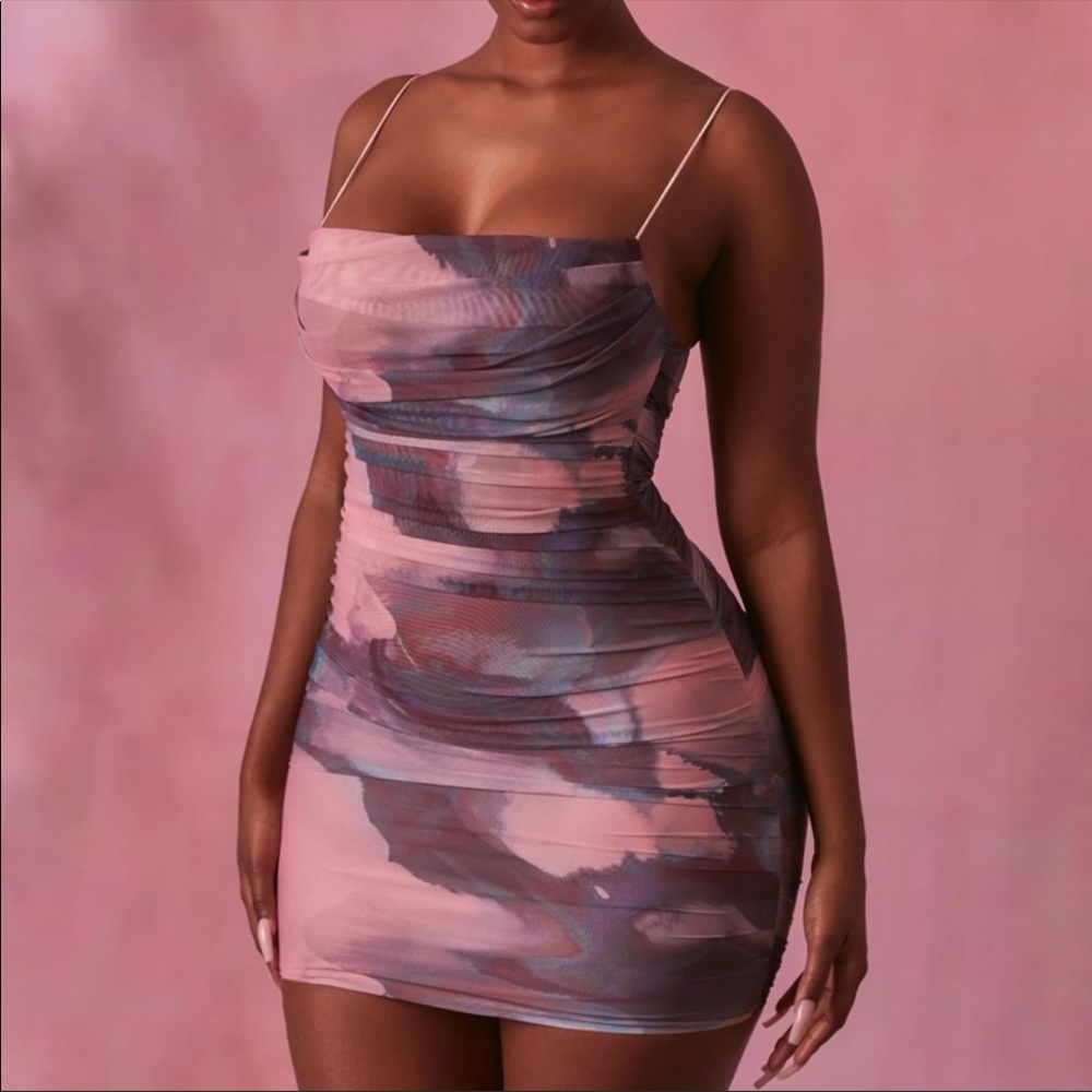 OHPOLLY LUNAR SLEEVELESS BODYCON RUCHED MESH MINI DRESS IN BLUSH